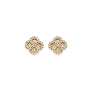 BOUCLES D'OREILLES TIGE ARGENT DORÉ TREFLE SUR FOND DIAMANTÉ CONTOUR OXYDES BLANCS