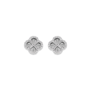 BOUCLES D'OREILLES TIGE ARGENT RHODIÉ TREFLE SUR FOND DIAMANTÉ CONTOUR OXYDES BLANCS