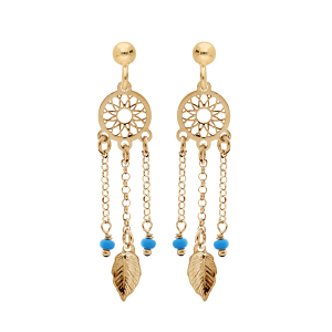 BOUCLES D'OREILLES TIGE  ARGENT ET DORURE JAUNE ATTRAPE REVE BOULES RÉSINE BLEU CIEL