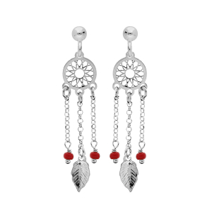 BOUCLES D'OREILLES TIGE  ARGENT RHODIÉ ATTRAPE REVE BOULES RÉSINE ROUGE
