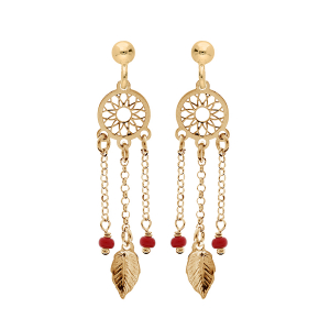 BOUCLES D'OREILLES TIGE  ARGENT ET DORURE JAUNE ATTRAPE REVE BOULES RÉSINE ROUGE