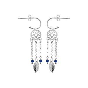 BOUCLES D'OREILLES TIGE ARGENT RHODIÉ DEMI CREOLE ATTRAPE REVE BOULES RÉSINE BLEU FONCÉ
