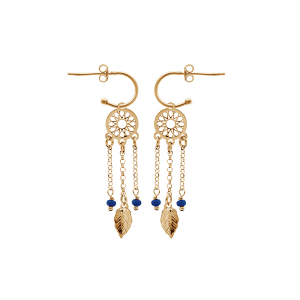 BOUCLES D'OREILLES TIGE ARGENT ET DORURE JAUNE DEMI CREOLE ATTRAPE REVE BOULES RÉSINE BLEU FONCÉ