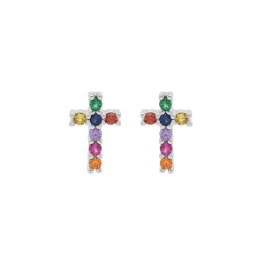 BOUCLES D'OREILLES TIGE ARGENT RHODIÉ CROIX 10 X 8 MM PIERRES SYNTHETIQUE MULTI COULEURS