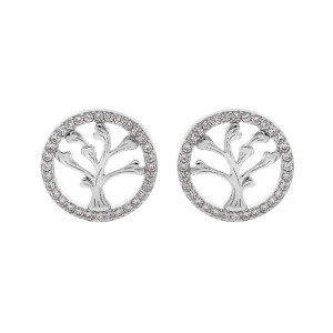 BOUCLES D'OREILLES TIGE ARGENT RHODIÉ ARBRE DE VIE CONTOUR OXYDES BLANCS SERTIS