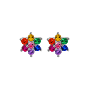 BOUCLES D'OREILLES TIGE ARGENT RHODIÉ FLEUR PIERRES SYNTHETIQUE MULTI COULEURS