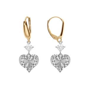 BOUCLES D'OREILLES DORMEUSE ARGENT RHODIÉ ET DORÉ JAUNE COEUR DIAMANTÉ AVEC 1  OXYDE BLANC