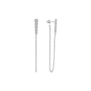 BOUCLES D'OREILLES TIGE ARGENT RHODIÉ 5 OXYDES BLANCS SERTIS EN CHUTE ET CHAINETTE