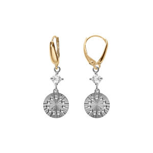 BOUCLES D'OREILLES DORMEUSE  ARGENT RHODIÉ ET DORÉ JAUNE ROND DIAMANTÉ AVEC 1  OXYDE BLANC