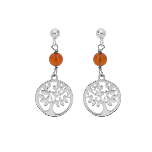 BOUCLES D'OREILLES TIGE ARGENT RHODIÉ BOULE AMBRE VÉRITABLE ET ARBRE DE VIE