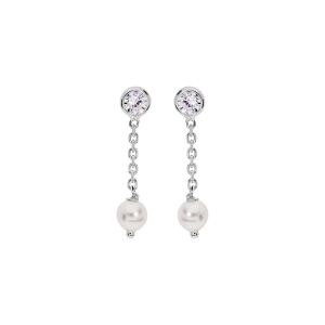BOUCLES D'OREILLES TIGE ARGENT RHODIÉ PENDANTE PERLE BLANCHE IMITATION AVEC OXYDE BLANC SERTI
