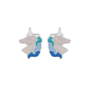 BOUCLES D'OREILLES TIGE ARGENT RHODIÉ LICORNE RÉSINE BLANCHE ET BLEUE