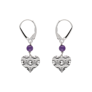 BOUCLES D'OREILLES DORMEUSE ARGENT RHODIÉ COEUR MARTELÉ AVEC 1 BOULE JADE VIOLETTE VÉRITABLE