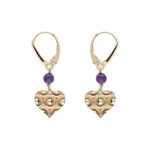 BOUCLES D'OREILLES DORMEUSE ARGENT DORÉ JAUNE COEUR MARTELÉ AVEC 1 BOULE JADE VIOLETTE VÉRITABLE
