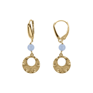 BOUCLES D'OREILLES DORMEUSE ARGENT DORÉ PASTILLE MARTELÉ AVEC 1 BOULE JADE BLEU CIEL VÉRITABLE
