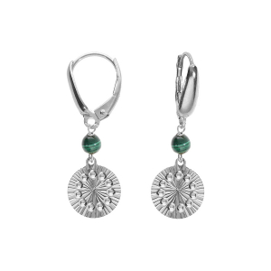 BOUCLES D'OREILLES DORMEUSE ARGENT RHODIÉ CERCLE DIAMANTÉ AVEC 1 BOULE MALACHITE VÉRITABLE