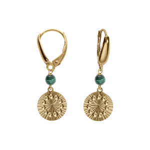 BOUCLES D'OREILLES DORMEUSE ARGENT DORÉ JAUNE CERCLE DIAMANTÉ AVEC 1 BOULE MALACHITE VÉRITABLE