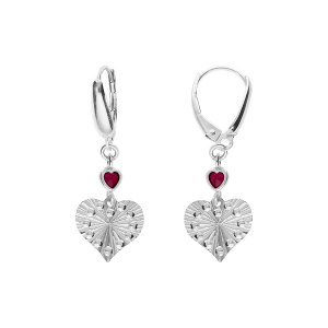BOUCLES D'OREILLES DORMEUSE ARGENT RHODIÉ FORME COEUR DIAMANTÉ ET 1 OXYDE ROSE