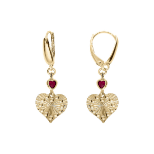 BOUCLES D'OREILLES DORMEUSE ARGENT DORÉ JAUNE FORME COEUR DIAMANTÉ ET 1 OXYDE ROSE