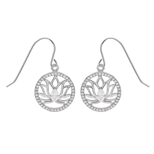 BOUCLES D'OREILLES CROCHET ARGENT RHODIÉ FLEUR DE LOTUS CONTOUR CERCLE OXYDES BLANCS SERTIS