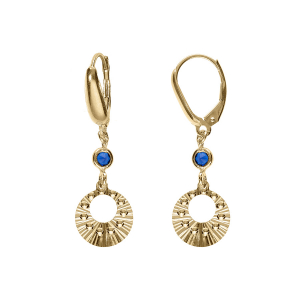 BOUCLES D'OREILLES DORMEUSE ARGENT DORRÉ JAUNE CERCLE DIAMANTÉ ET 1 OXYDE BLEU