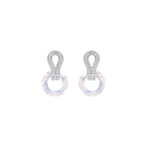 BOUCLES D'OREILLES TIGE ARGENT RHODIÉ CERCLE VERRE FACETÉ BLANC ET GOUTTE OXYDES BLANCS SERTIS
