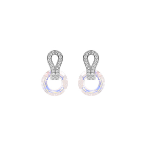 BOUCLES D'OREILLES TIGE ARGENT RHODIÉ CERCLE VERRE FACETÉ BLANC ET GOUTTE OXYDES BLANCS SERTIS