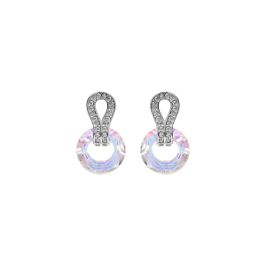 BOUCLES D'OREILLES TIGE ARGENT RHODIÉ CERCLE VERRE FACETÉ BLANC ET GOUTTE OXYDES BLANCS SERTIS