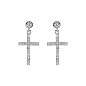 BOUCLES D'OREILLES TIGE ARGENT RHODIÉ OXYDE ET CROIX PENDANTE OXYDES BLANCS SERTIS 17X10MM