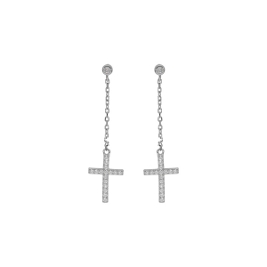 BOUCLES D'OREILLES TIGE ARGENT RHODIÉ OXYDE ET CHAINETTE AVEC CROIX OXYDES BLANCS SERTIS 17X10MM