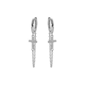 CRÉOLES ARGENT RHODIÉ ARTICULÉE CHAINETTE AVEC CROIX OXYDES BLANCS SERTIS 12X6MM