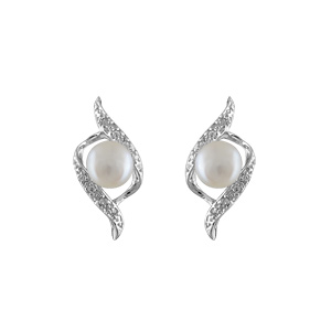 BOUCLES D'OREILLES TIGE ARGENT RHODIÉ PERLE IMITATION CREME ET PT PIERRES SYNTHETIQUE BLANCHES