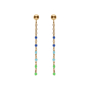 BOUCLES D'OREILLES TIGE ARGENT ET DORURE JAUNE OLIVE RÉSINE MULTICOLORE DEGRADÉ BLEU VERT
