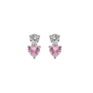 BOUCLES D'OREILLES TIGE ARGENT RHODIÉ PENDENTIF COEUR OXYDE ROSE ET BLANC