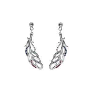 BOUCLES D'OREILLES TIGE ARGENT RHODIÉ FEUILLAGE OXYDES MULTI COULEURS