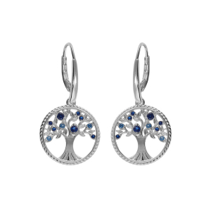 BOUCLES D'OREILLES DORMEUSE ARGENT RHODIÉ ARBRE DE VIE CONTOUR PERLÉ AVEC OXYDES DEGRADÉ BLEU
