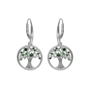 BOUCLES D'OREILLES DORMEUSE ARGENT RHODIÉ ARBRE DE VIE CONTOUR PERLÉ AVEC OXYDES VERTS