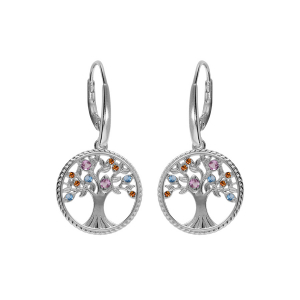 BOUCLES D'OREILLES DORMEUSE ARGENT RHODIÉ ARBRE DE VIE CONTOUR PERLÉ AVEC OXYDES MULTI COULEURS