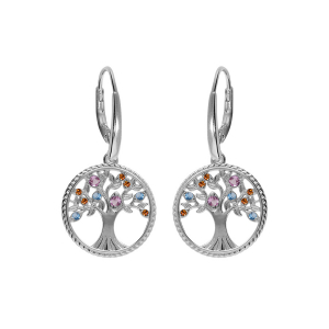 BOUCLES D'OREILLES DORMEUSE ARGENT RHODIÉ ARBRE DE VIE CONTOUR PERLÉ AVEC OXYDES MULTI COULEURS