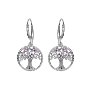 BOUCLES D'OREILLES DORMEUSE  ARGENT RHODIÉ ARBRE DE VIE CONTOUR PERLÉ AVEC OXYDES VIOLET