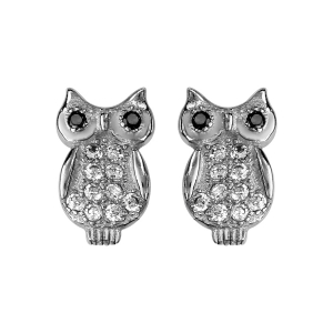 BOUCLES D'OREILLES TIGE ARGENT RHODIÉ HIBOU - CHOUETTE  OXYDES BLANCS SERTIS