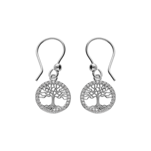 BOUCLES D'OREILLES CROCHET ARGENT RHODIÉ ARBRE DE VIE CONTOUR OXYDES BLANCS SERTIS