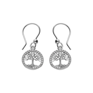 BOUCLES D'OREILLES CROCHET ARGENT RHODIÉ ARBRE DE VIE CONTOUR OXYDES BLANCS SERTIS