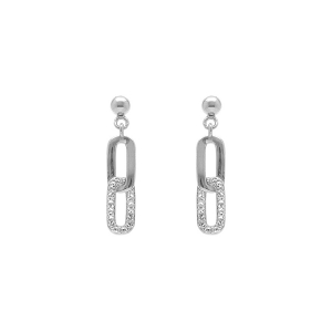 BOUCLES D'OREILLES TIGE ARGENT RHODIÉ PENDANTE 2 RECTANGLES ENTRELACÉS 1 LISSE 1 AVEC OXYDES BLANCS SERTIS