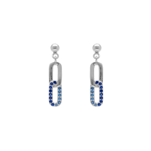 BOUCLES D'OREILLES TIGE ARGENT RHODIÉ PENDANTE 2 RECTANGLES ENTRELACÉS 1 LISSE 1 AVEC OXYDES BLEUS SERTIS