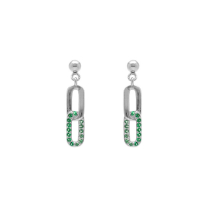BOUCLES D'OREILLES TIGE ARGENT RHODIÉ PENDANTE 2 RECTANGLES ENTRELACÉS 1 LISSE 1 AVEC OXYDES VERTS SERTIS