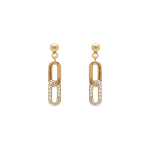 BOUCLES D'OREILLES TIGE ARGENT DORÉ  PENDANTE 2 RECTANGLES ENTRELACÉS 1 LISSE 1 AVEC OXYDES BLANCS SERTIS