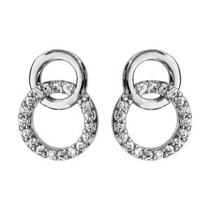 BOUCLES D'OREILLES TIGE ARGENT RHODIÉ DOUBLE CERCLE ENTRELACE PIERRES BLANCHES SYNTHETIQUE