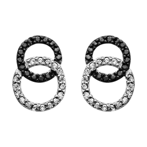 BOUCLES D'OREILLES TIGE ARGENT RHODIÉ DOUBLE CERCLE ENTRELACE PIERRES NOIRES ET BLANCHES SYNTHETIQUE