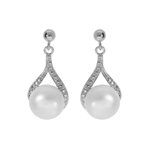BOUCLES D'OREILLES TIGE FORME GOUTTE ARGENT PLATINÉ PERLE DE CULTURE D'EAU DOUCE AVEC OXYDES BLANCS SERTIS